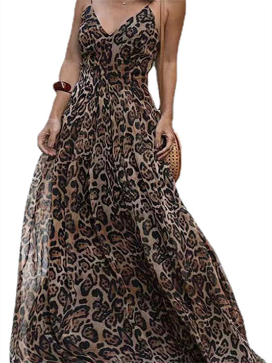 flowersverse Fashion Leopard V-Neck Sexy Sling Backless Dress