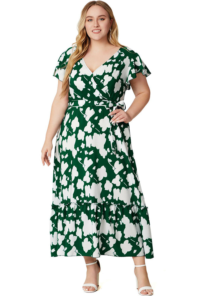 flowersverse Summer Plus Size Women's V-Neck Print Dress