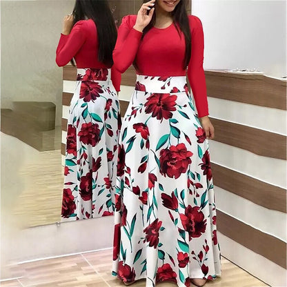 flowersverse Women's Plus Size Holiday Dress Floral Crew Neck Print Long Sleeve Fall Winter Casual Maxi long Dress Daily Dress