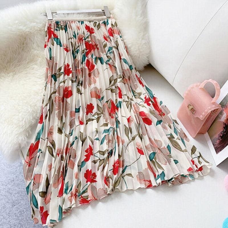 flowersverse  Fashion Women Floral Pleated Boho Midi Skirt High Waist Ladies Casual Summer Party Cocktail Wrap Skirt Sundress