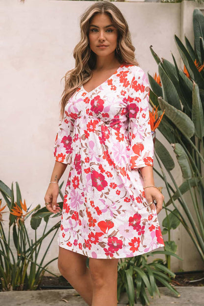 flowersverse Orange V Neck 3/4 Sleeve Floral Dress