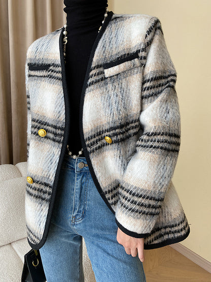 flowersverse Buttoned Contrast Color Plaid Long Sleeves V-Neck Outerwear Jackets