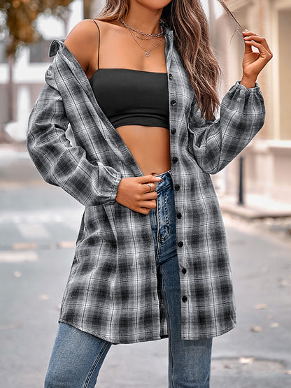 flowersverse Plaid Loose Wrap Lapel Blouses&shirts Tops