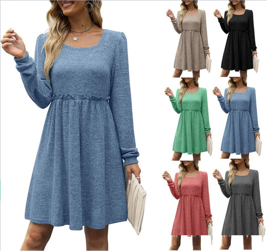 flowersverse Women's Long Sleeve Square Neck Bubble Sleeve Ear Edge Casual Dress