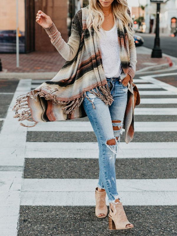 flowersverse Buttoned Striped Tasseled Long Sleeves Loose Heaps Collar Cardigan Tops