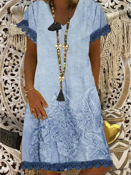 flowersverse Plus SIze Vintage Boho Hippie Shift Short Sleeve V Neck Weaving Dress