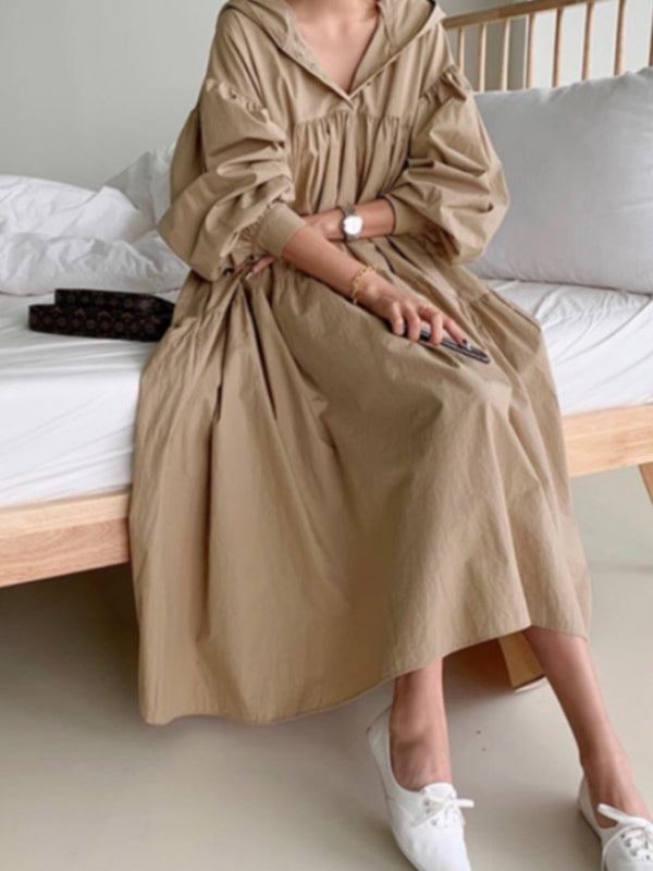 flowersverse Urban Solid Color Pleated Long Sleeves Hooded Midi Dress