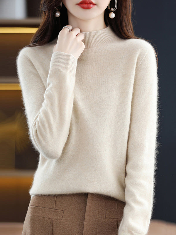 flowersverse Office Long Sleeves Solid Color High-Neck Sweater Tops Pullovers