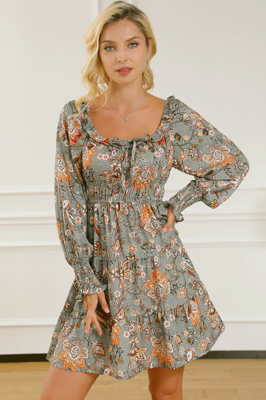 flowersverse Multicolour Floral Long Sleeve Frilled U-Neck Ruffled Dress