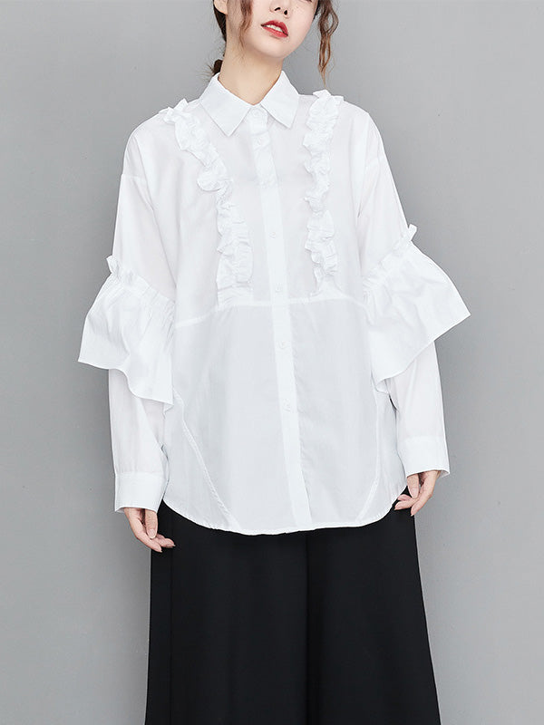 flowersverse Casual Loose Long Sleeves Buttoned Ruffled Solid Color Lapel Collar Blouses&Shirts Tops