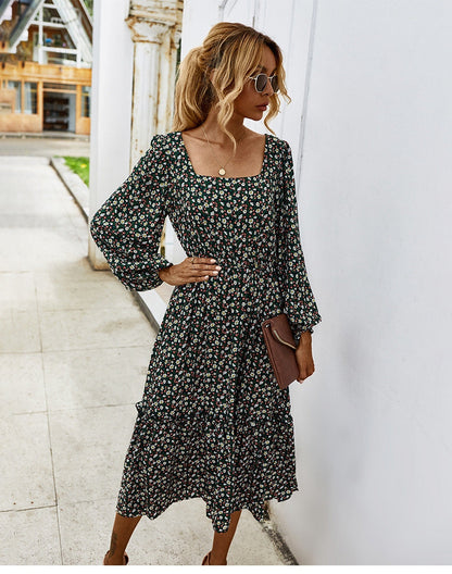 flowersverse Retro Ladies Square Collar Floral Long Dress Autumn Winter Women High Waist Full Sleeve Elegant Chic Dress