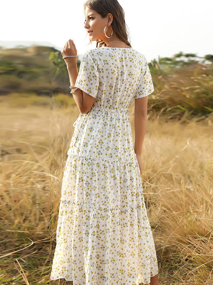 flowersverse Falbala Empire Short Sleeves Midi Dresses