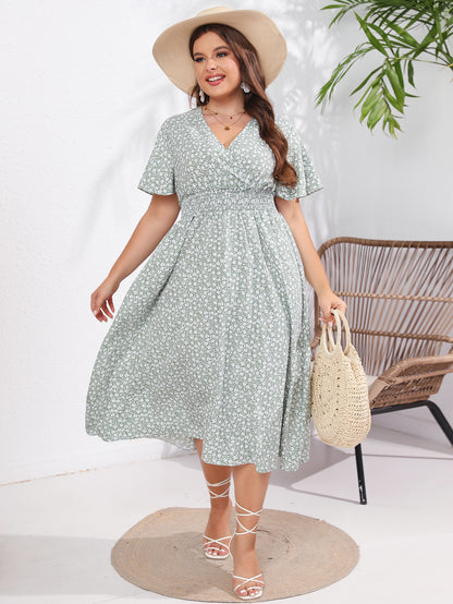 flowersverse Women's Summer Plus Size Short Sleeve V-Neck Slim Waist Print Dress