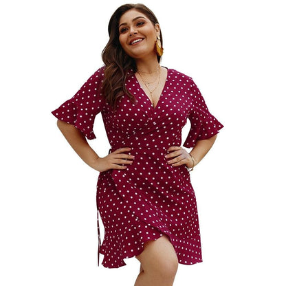 flowersverse Plus Size Women Summer High Waist Polka Dot Boho Beach Dress New Fashion Ladies Beach Dress Casual Short Sleeve V-Neck Sundress