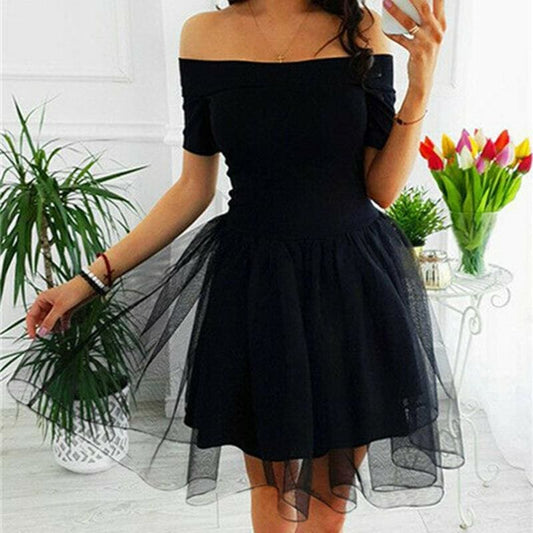 flowersverse Elegant Women Summer Ruffle Mesh Mini Dresses Off Shoulder Evening Party Ladies Cocktail Club Mini Formal Dress