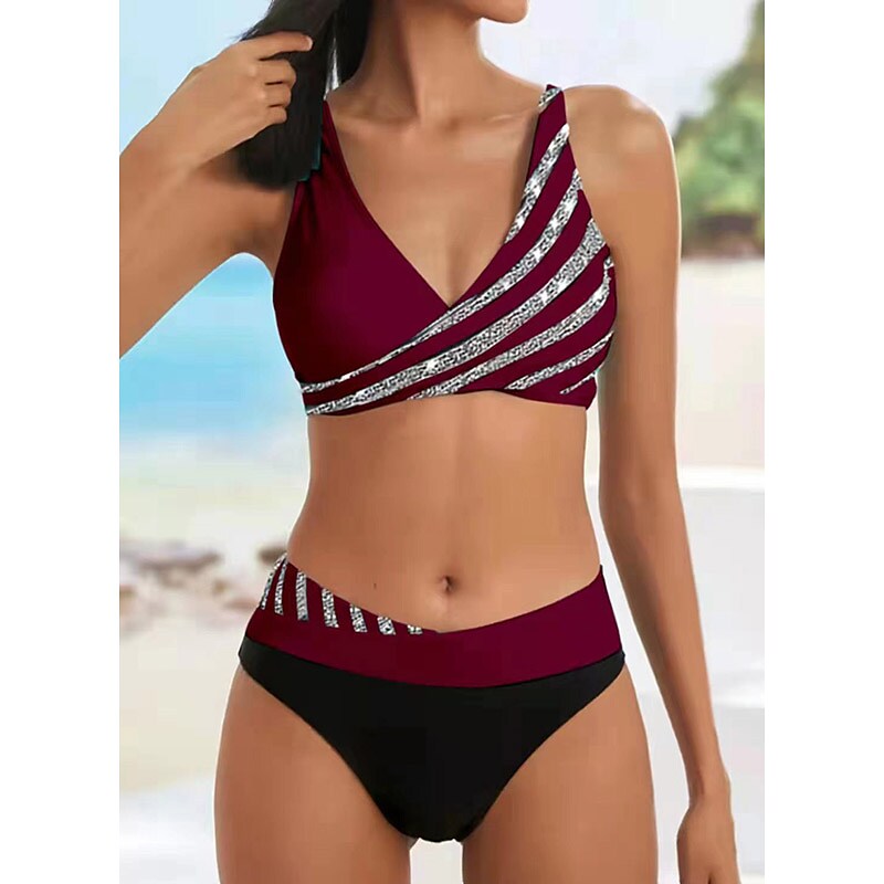 flowersverse Women's Swimwear Bikini Plus Size Swimsuit 2 Piece Striped Black Burgundy Blue Lavender Purple Bandeau Bathing Suits Sports Summer