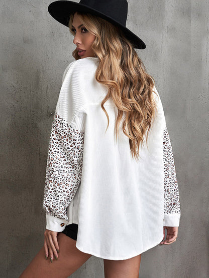 flowersverse Casual Loose Leopard Patchwork Polo Coat