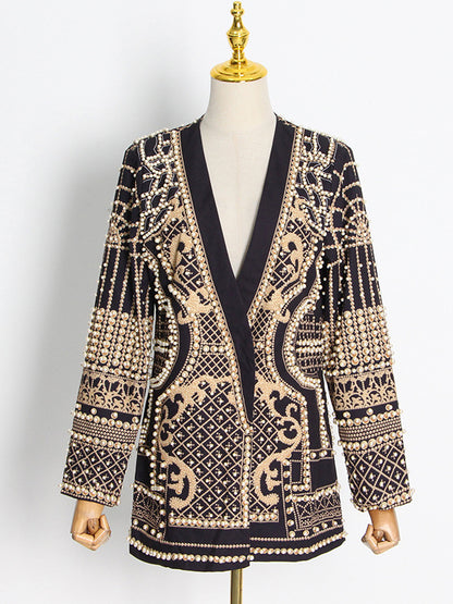 flowersverse Original Creation Loose Long Sleeves Beads Printed V-Neck Blazer Outerwear