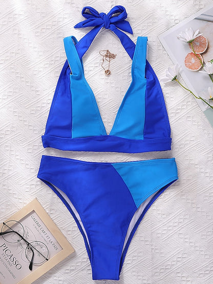 flowersverse Women's Swimwear Bikini Normal Swimsuit 2 Piece Color Block Blue Green Khaki Bathing Suits Sports Summer