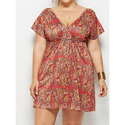 flowersverse Women's Plus Size Casual Dress Floral Dress Boho Dress Floral Plaid Mini Dress Short Sleeve Print V Neck Fashion Daily Black Pink Summer Spring L XL XXL 3XL 4XL