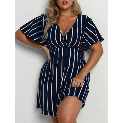 flowersverse Women's Plus Size Casual Dress A Line Dress Stripe Mini Dress Short Sleeve Print V Neck Fashion Outdoor ArmyGreen Black Spring Summer L XL XXL 3XL 4XL