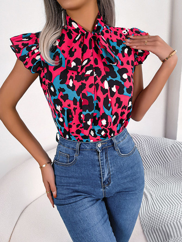 flowersverse Leopard Cap Sleeve Loose Statement Collar Vest Top