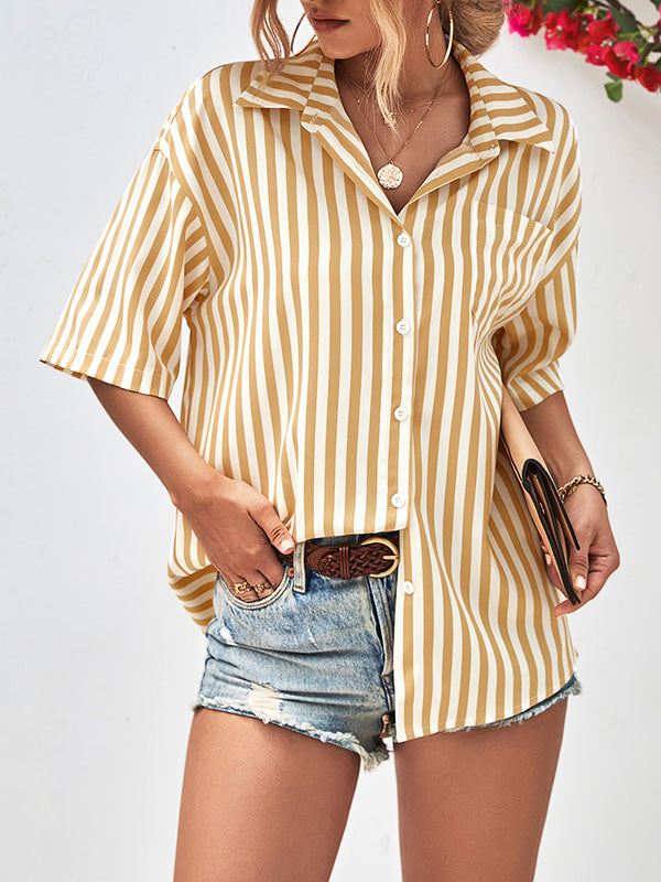 flowersverse Buttoned Striped Half Sleeves Loose Notched Collar Blouses&Shirts Tops