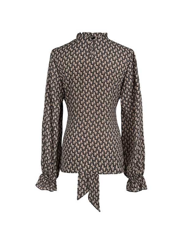 flowersverse Bandage Belted Leopard Printed Long Sleeves Round-Neck Blouses&Shirts Tops