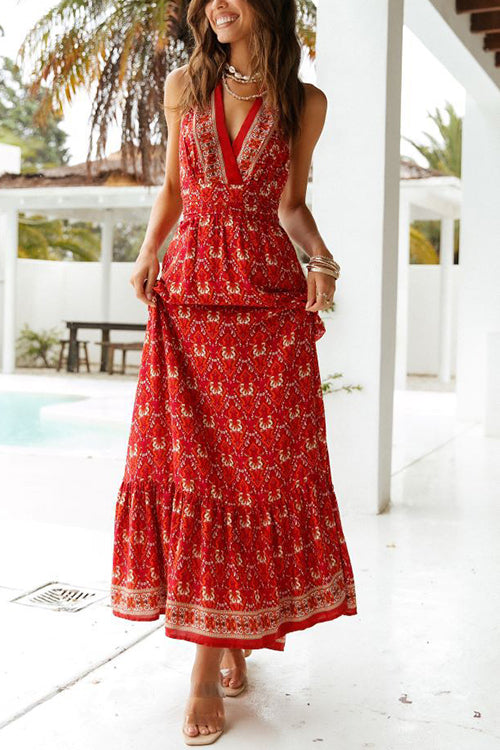 flowersverse Floral V Neck Halter Neck Backless Maxi Dress