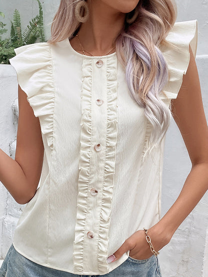 flowersverse Floral Pleated Split-Joint Loose Sleeveless Round-Neck Vest Top