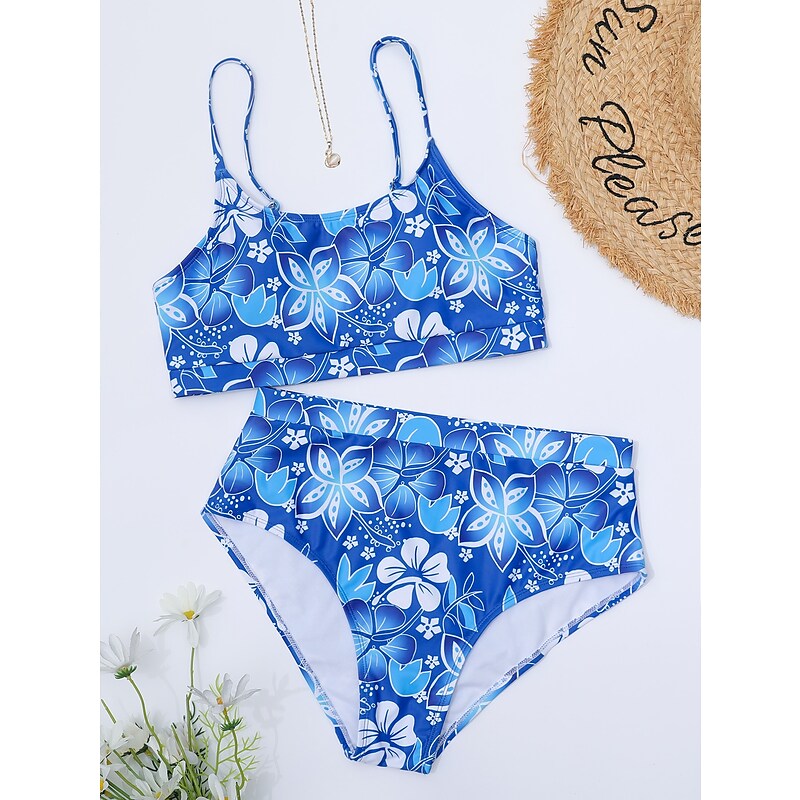 flowersverse Women's Swimwear Bikini Normal Swimsuit 2 Piece Printing Floral Red Blue Orange Bandeau Bathing Suits Sports Summer