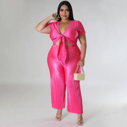 flowersverse Plus Size Women Stretch Lace-Up Top and Pleated Wide-Leg Pants Two-Piece Set