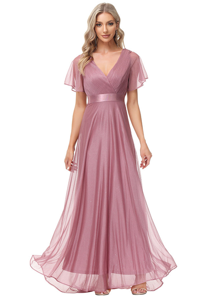 flowersverse Sparkling Party Dress Double V Neck Mesh Ruffle Sleeve Folded A Hem Fully Lined Elastic Evening Dress