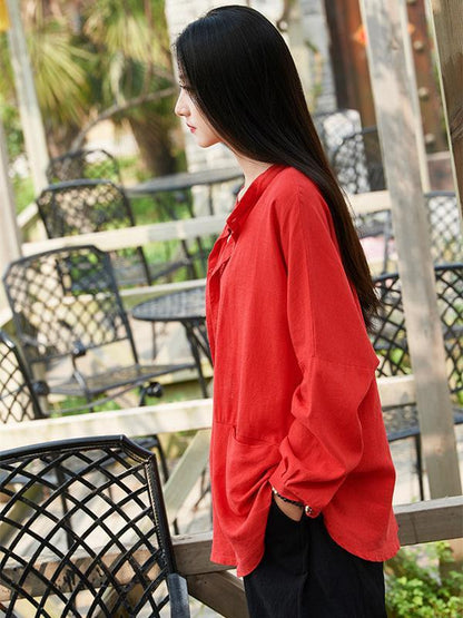 flowersverse Soft Red Ramie Cotton Blouse Outwear