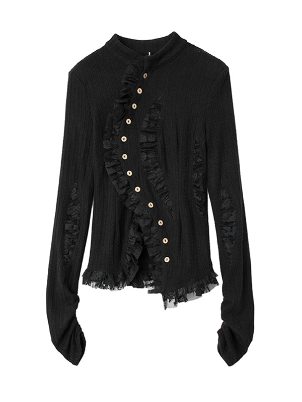 flowersverse Stylish Asymmetric Buttoned Hollow Lace Stand Collar Long Sleeves Knitwear Cardigan