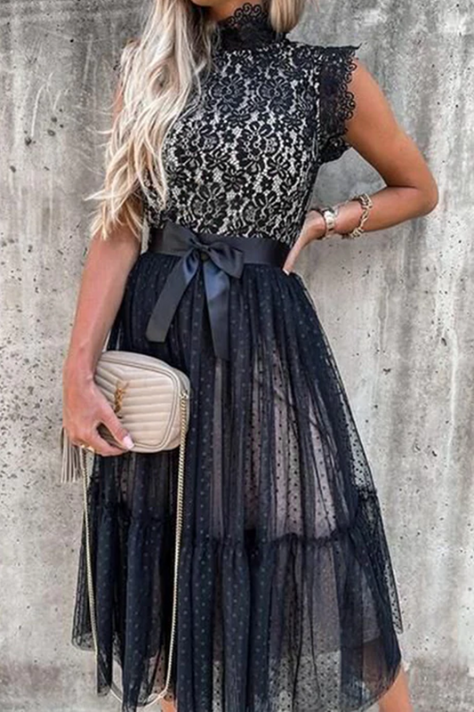 flowersverse Casual Patchwork Lace Half A Turtleneck Mesh Dress Dresses