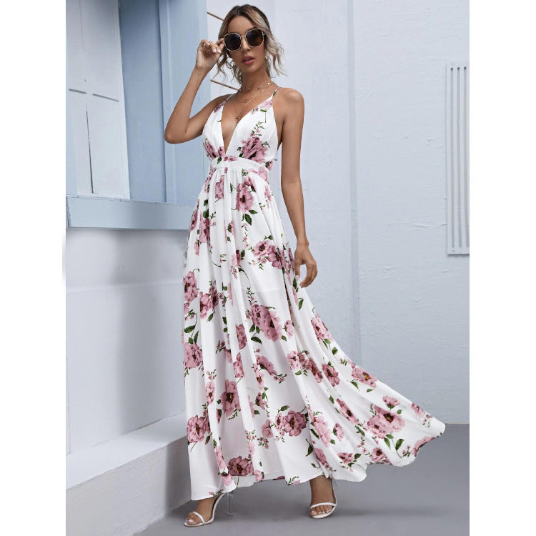 flowersverse Sexy Temperament Dress With White Chiffon Print Suspenders