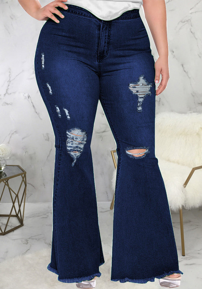 flowersverse Trendy Slim Wide Leg Ripped Plus Size Bell Bottom Denim Pants