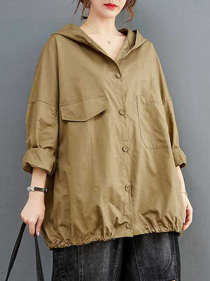 flowersverse Buttoned Pleated Pockets Solid Color Long Sleeves Loose Hooded Trench Coats Outerwear