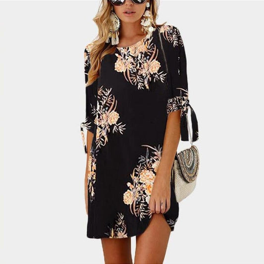 flowersverse Women Chiffon Floral Print Mini Dress Boho Beach Half Sleeve Elegant Dress Black Dresses