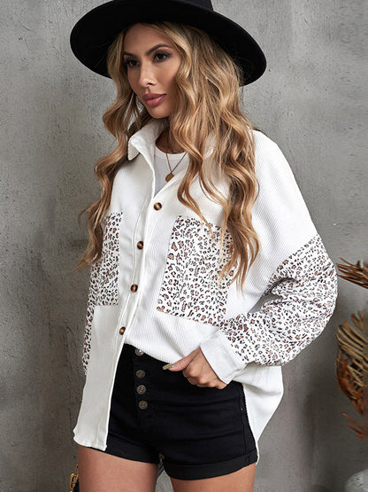 flowersverse Casual Loose Leopard Patchwork Polo Coat