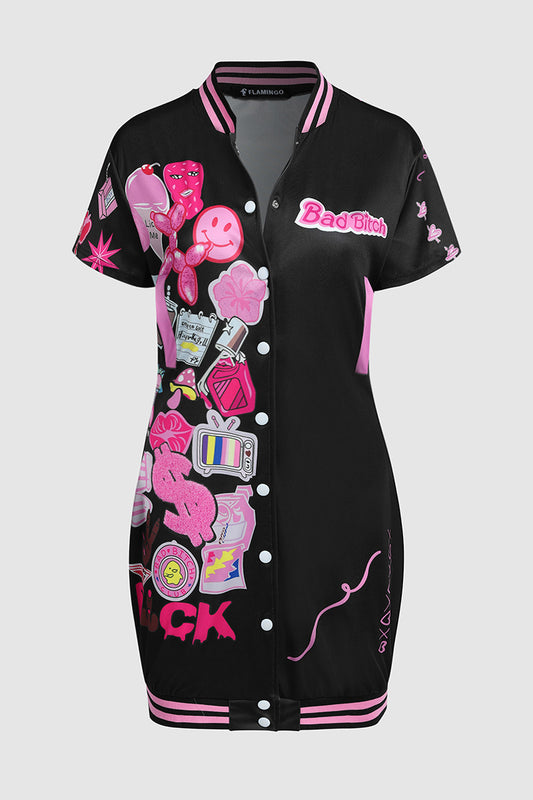 flowersverse Stripe Letter & Dollar Print Button Down Mini Dress