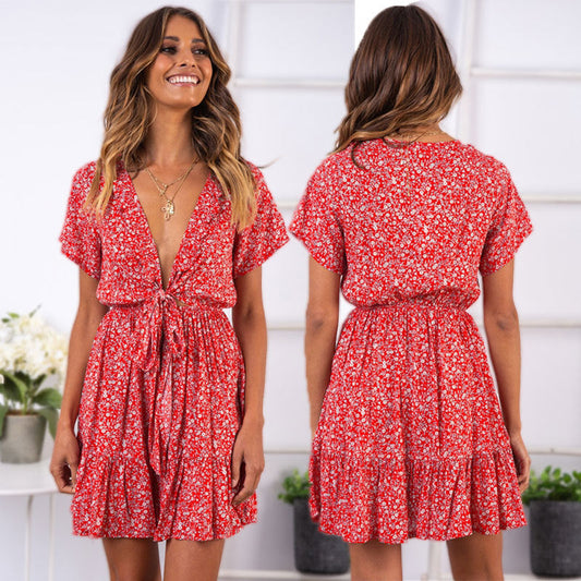 flowersverse Sexy Deep V Ruffled Floral Ladies Dress