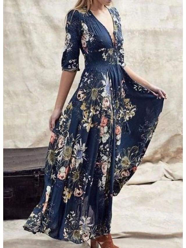 flowersverse Women's Swing Dress Maxi Long Dress Blue Green Half Sleeve Floral Ruffle Print Summer V Neck Hot Casual Boho S M L XL XXL 3XL 4XL