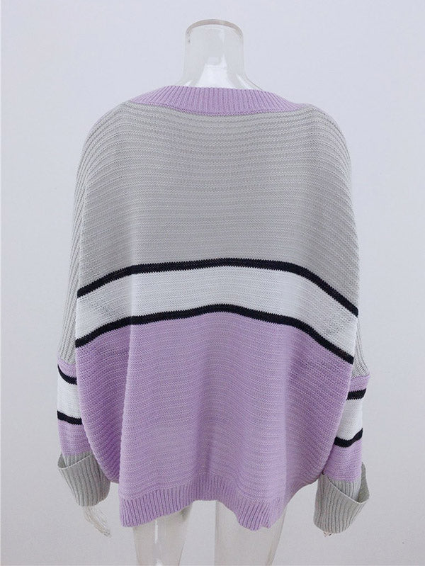 flowersverse Casual Loose Contrast Color Striped Round-Neck Sweater Tops