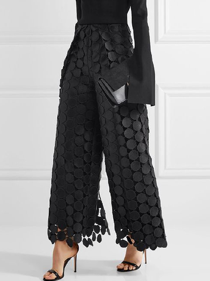 flowersverse High Waisted Wide Leg Hollow Polka Dot Solid Color Pants Trousers