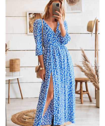 flowersverse Printed Slit Long Chiffon A-line Dress