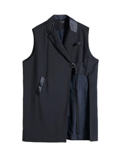 flowersverse Asymmetric Pockets Tied Sleeveless Notched Collar Vest Outerwear