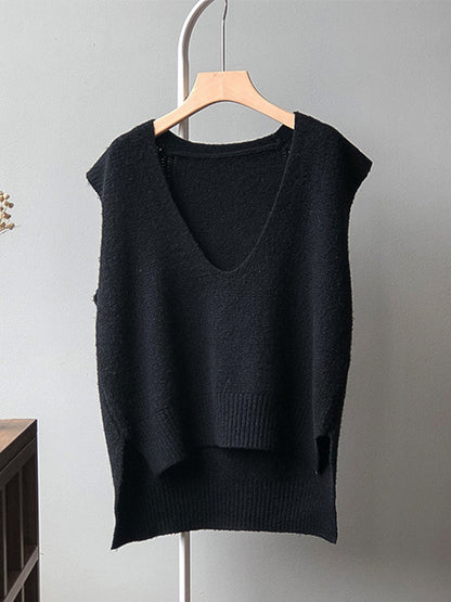 flowersverse Knitting Irregularity Solid V-Neck Vest