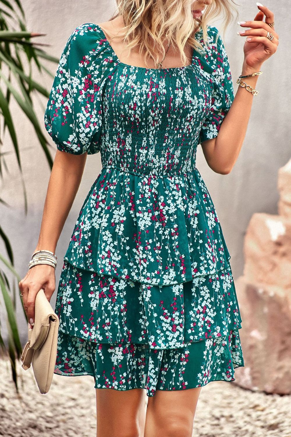 flowersverse Floral Smocked Square Neck Balloon Sleeve Mini Dress